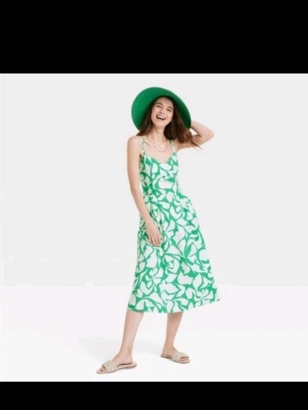 a new day Green & White Leaf-Print Cotton Midi Dress